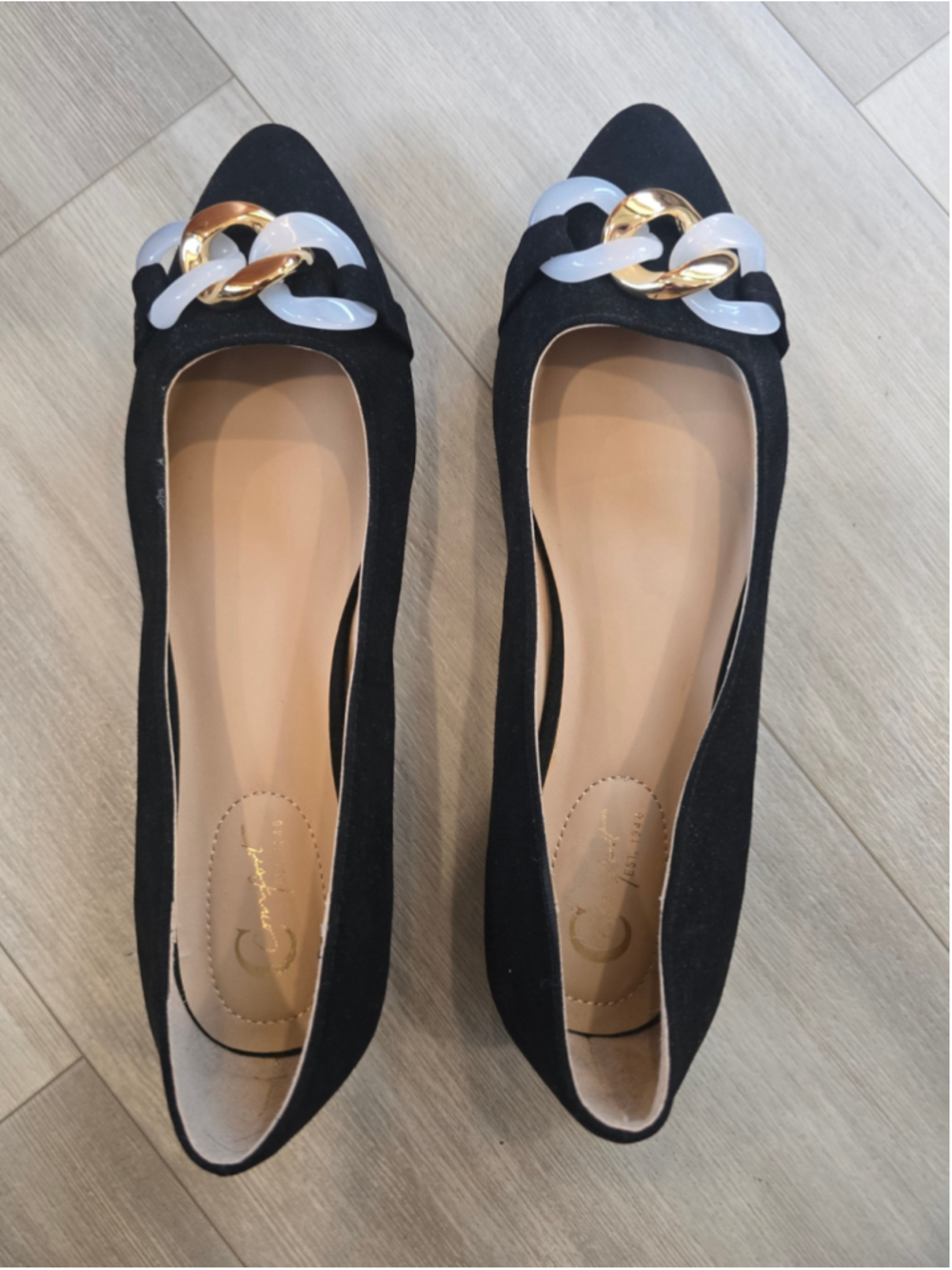 TitleC Comfort Black Faux Velvet Chain Flats Size 9